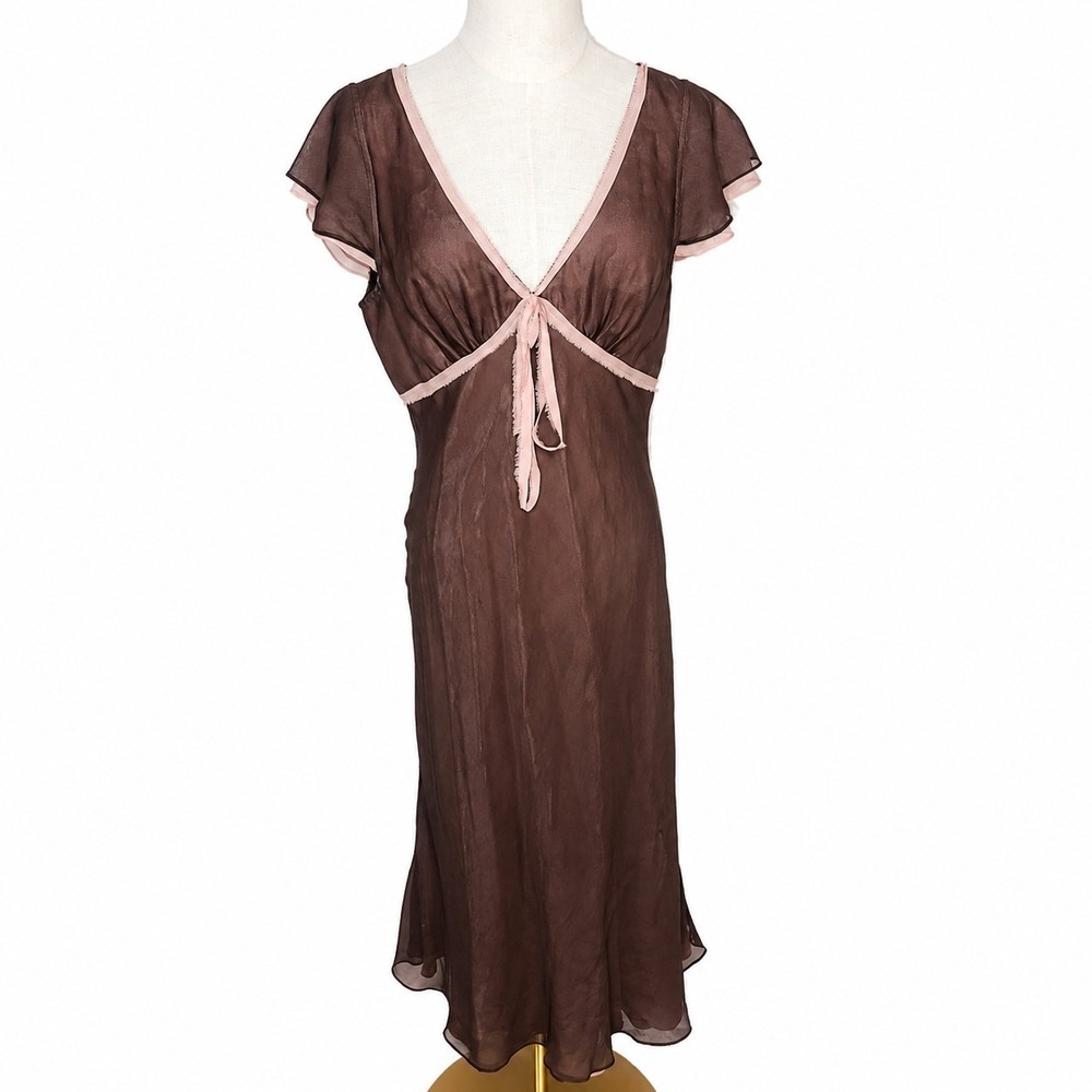 Vtg BCBG Max Azaria Y2K Brown Pink Silk‎ Chiffon Tie Front Dress Fairy Coquette